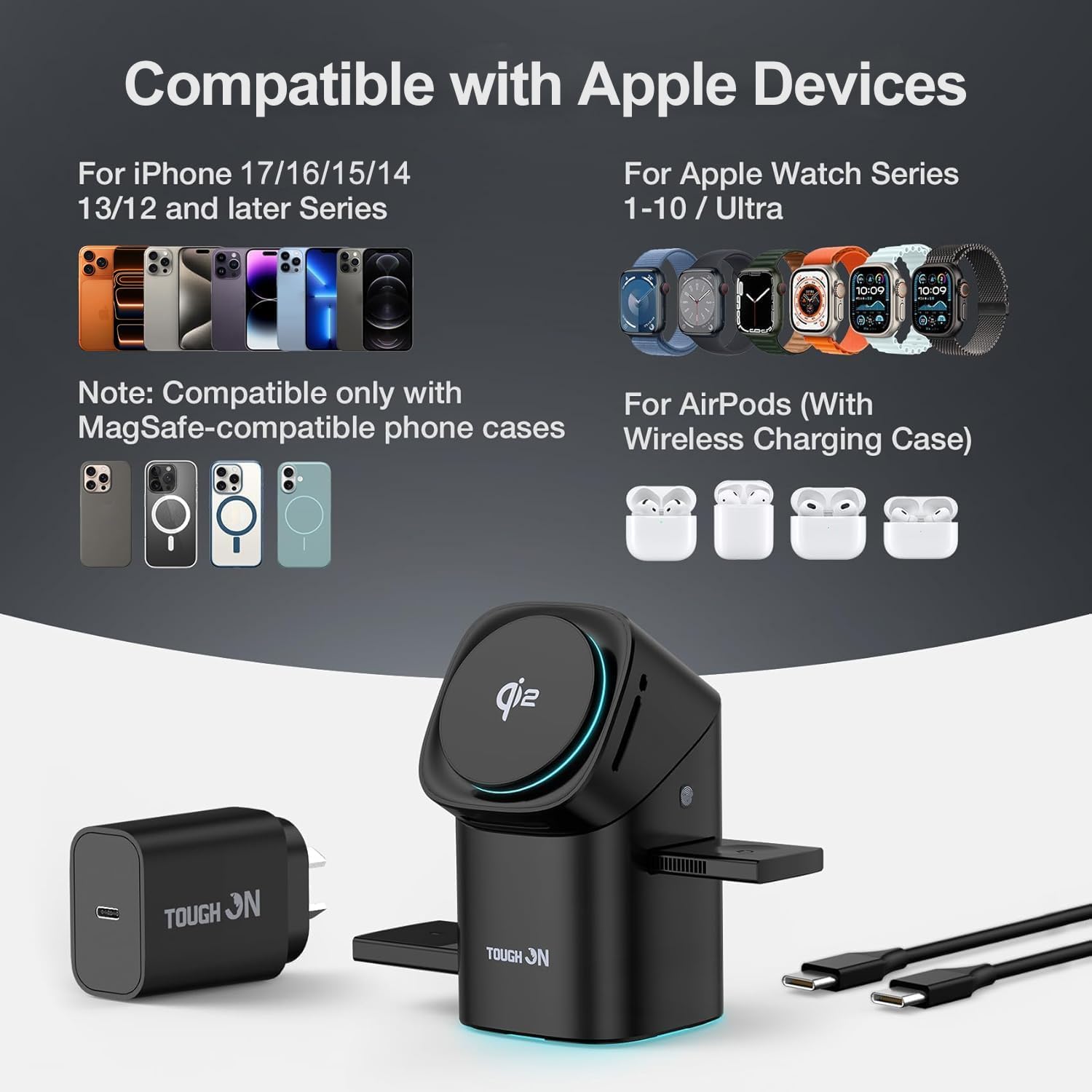 3 in 1 Wireless Charging Station for iPhone, Apple Watch & AirPods